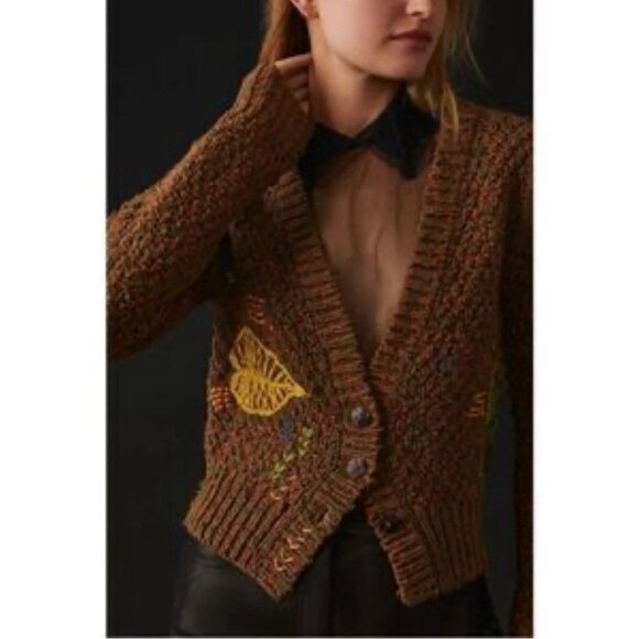 Anthropologie Monstera Puff-Sleeve Cardigan Wendy Wurtzburger Marcella Violini - Picture 2 of 13